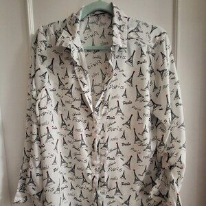 Marie Claire Paris Eiffel Tower Print Button Down Blouse - Size Medium